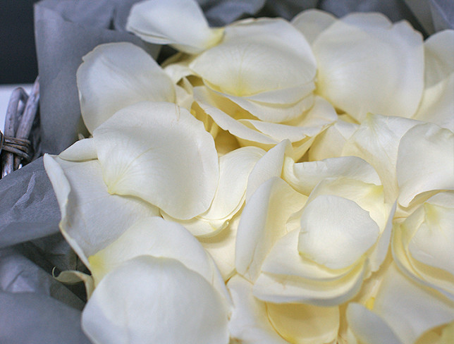 Корзина с белыми лепестками роз Фото